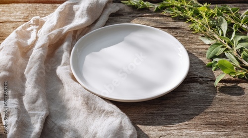 Clean ceramic plate mockup on natural wood background with soft linen napkin and herbs