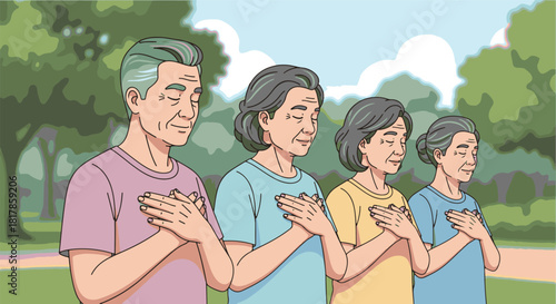 Elderly Group Meditating Outdoors for Wellness and Peace