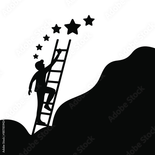 Person climbing ladder towards stars on a dark hill silhouette