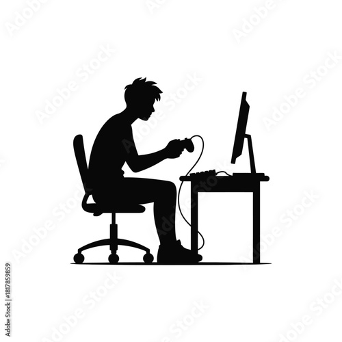Person playing video games on computer silhouette gaming