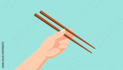 Hand holding chopsticks against a blue background, illustration.