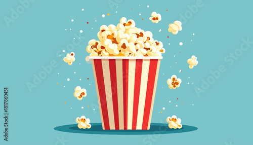 Cartoon illustration of a red and white striped bucket overflowing with popcorn.