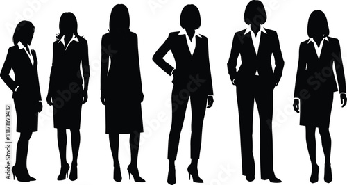 Businesswomen silhouettes, professional female group, corporate women standing, office attire illustration, leadership concept, confident posture, teamwork representation, modern workplace figures