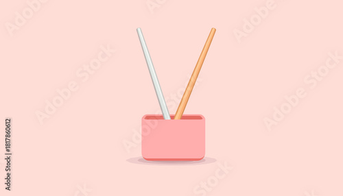 Two pencils in a pink holder on a pink background, simple illustration.
