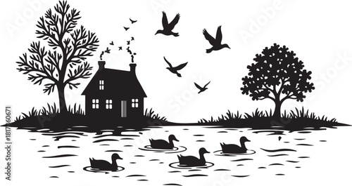 Silhouette of ducks on water near a house and trees