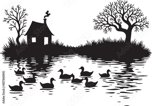 Silhouette of ducks swimming in a pond near a house and trees