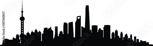 City skyline silhouette, urban buildings, modern architecture, cityscape view, metropolitan skyline, tower structures, business district, black outline illustration, skyline art