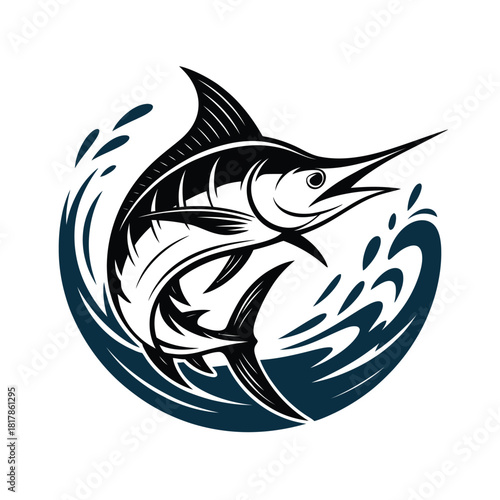 Powerful black marlin leaping through dark blue ocean waves fish water