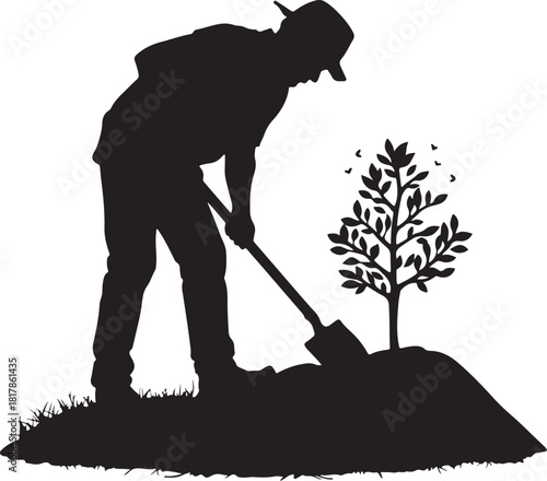 farmer digging hole for tree planting silhouette
