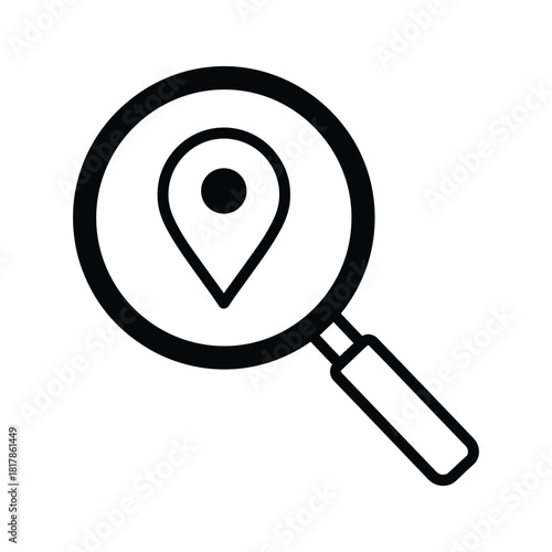 Magnifying glass with location pin pointing to a specific place isolated on