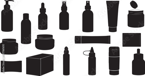 Collection of various cosmetic and skincare product containers.