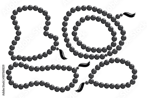 A collection of black silhouette vector illustrations featuring various styles and arrangements of tasbih (Islamic prayer beads), isolated on a white background.