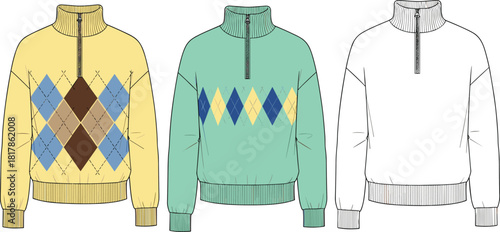 Quarter zip sweater vector illustration, argyle pattern sweatshirt flat sketch set, mock neck pullover technical drawing, long sleeve sportswear design mockup.