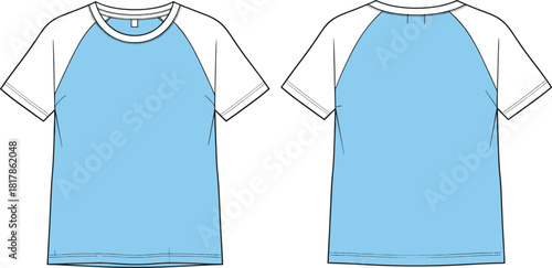 Raglan sleeve t-shirt vector illustration, baseball jersey flat sketch, front and back technical fashion drawing, blue colorblock design mockup template, isolated.
