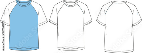 Raglan sleeve t-shirt vector illustration, baseball jersey flat sketch, front and back view technical drawing, color block design mockup template, casual sportswear apparel sketch.