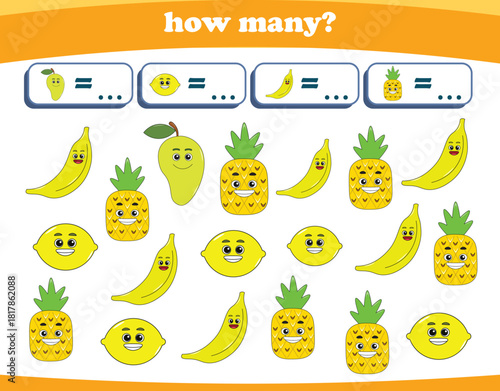Counting game of fruits for preschool kids. Printable. Vector Illustration