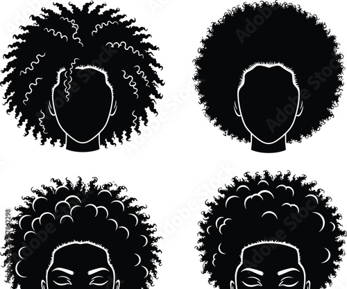 Set of afro hairstyles silhouettes, vector black woman with natural curly hair, female beauty head collection, isolated fashion illustration on white background