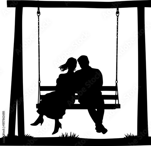 Lovers on swing silhouette for romantic relationship and valentine illustration