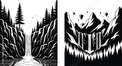 Waterfall mountain landscape illustrations, forest nature scene artwork, cliff and pine trees design, scenic wilderness graphic, outdoor adventure concept