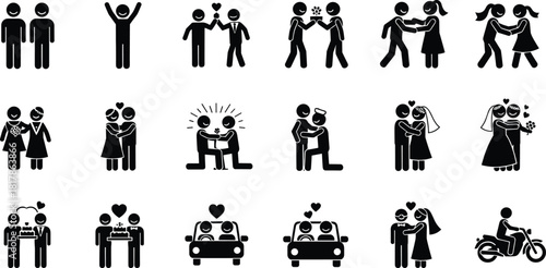 Wedding and couple icons set, romantic relationship symbols, love and marriage illustrations, diverse partners graphic, celebration and proposal concept