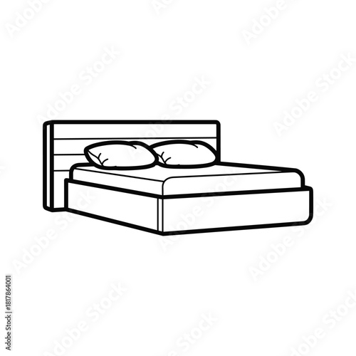 Minimalist bed with pillows isolated on in line art style
