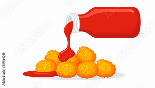 Ketchup pouring onto a pile of golden fried food balls from a red bottle.