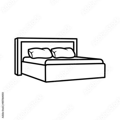 Double bed with pillows isolated on, simple line drawing