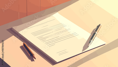 Paper with text and two pens on a table in warm light.