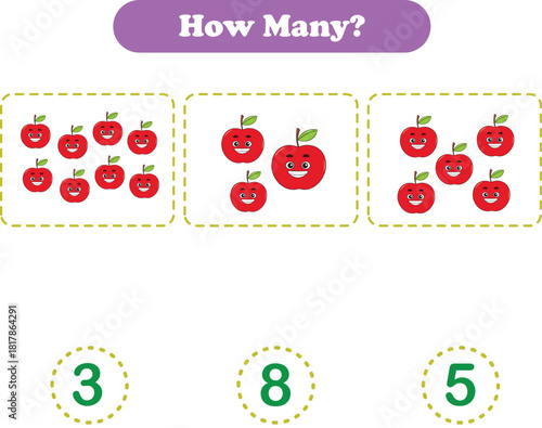 Counting game of fruits for preschool kids. Counting fruits. Printable. Vector Illustration