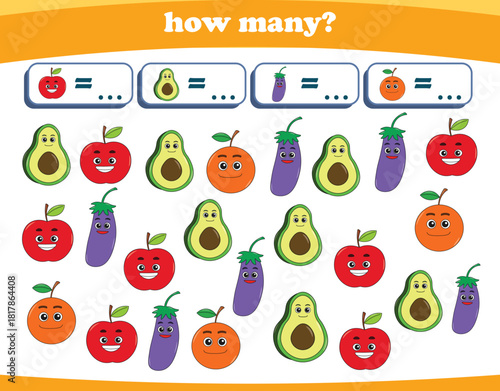 Counting game of fruits for preschool kids. Printable. Vector Illustration