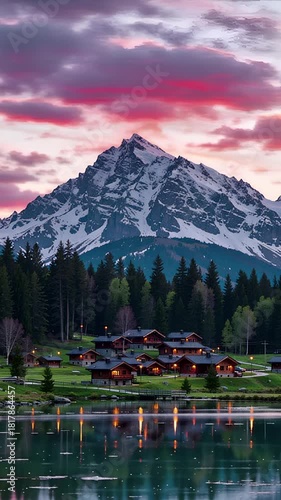 serene mountain sunset lake cabins glowing warm evening landscape view | travel, nature, relaxation, landscape, scenery theme