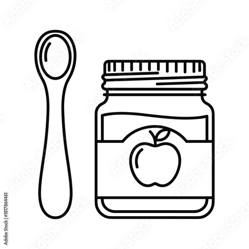 Baby food jar with apple purée and spoon, simple line art icon, infant nutrition, feeding essentials