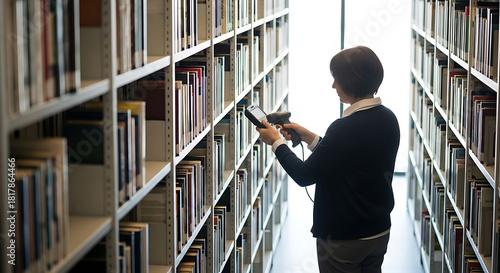 Library staff scanning books on shelves with a handheld digital reader for inventory management in a modern archive.