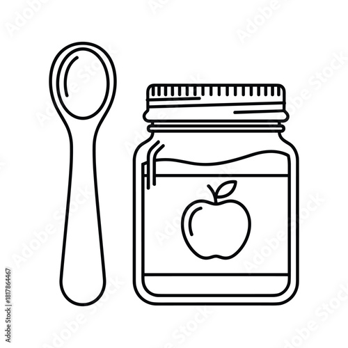 Outline vector illustration of baby food jar with apple label and spoon for infant nutrition