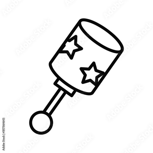 Outline vector illustration of baby rattle toy with stars, symbolizing childhood and play