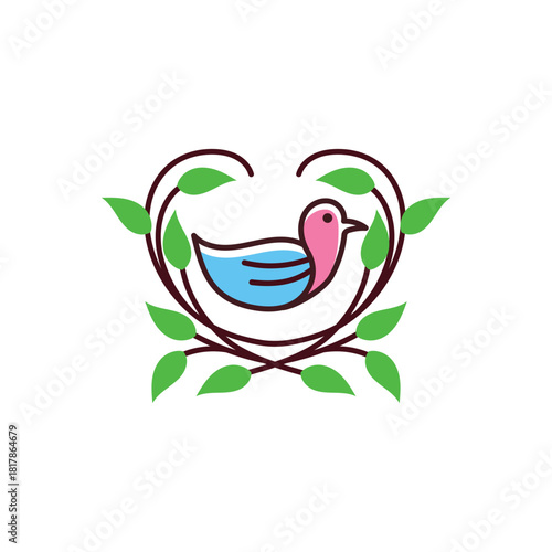Colorful bird in heart-shaped vine wreath. Cute nature logo illustration