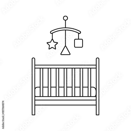 Outline vector icon of baby crib with mobile, representing nursery, childcare, infancy, and rest