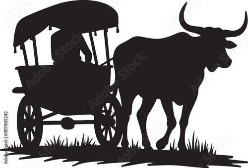 Black silhouette of a bull pulling a cart with a person