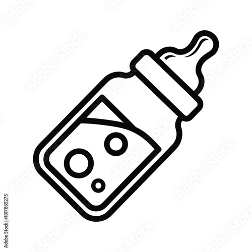 Baby bottle icon with milk and nipple, representing infant feeding and childcare graphic element