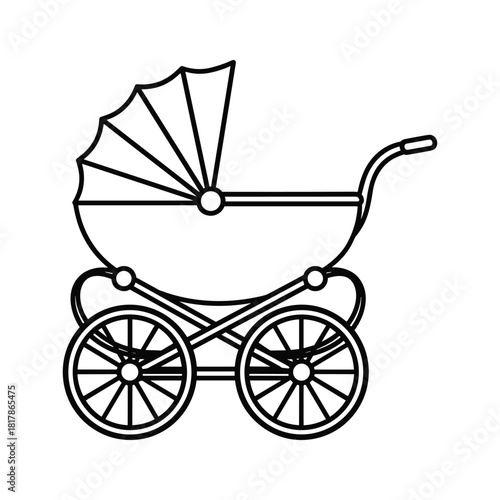 Classic baby carriage line art illustration, vintage pram design for infant transport icon