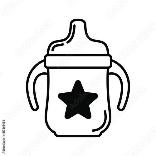 Outline icon of a baby sippy cup with a star design and two handles, representing infant feeding and care