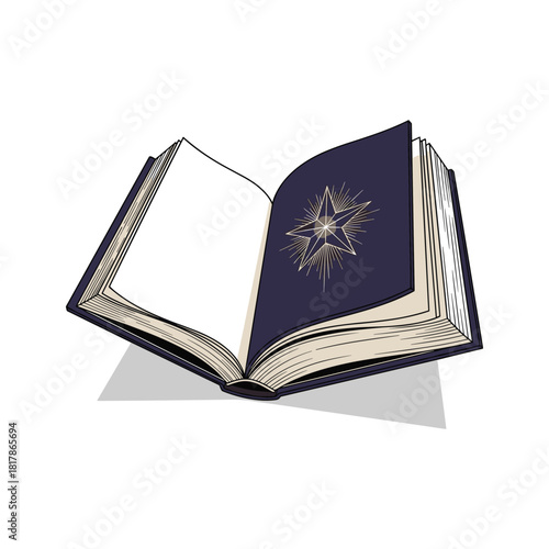Open book with blank pages and a star emblem illustration for wisdom, knowledge, and guidance
