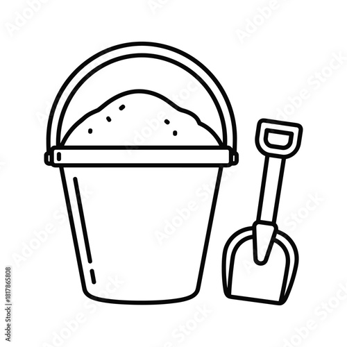 Outline icon of sand bucket filled with sand and a shovel, representing beach play and summer fun