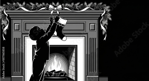 Child in silhouette hanging a Christmas stocking on a fireplace mantel.