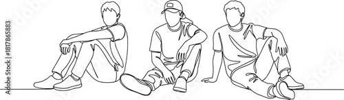 Three young men sitting together, casual friends illustration, relaxed group pose, youth lifestyle line art, friendship and community concept