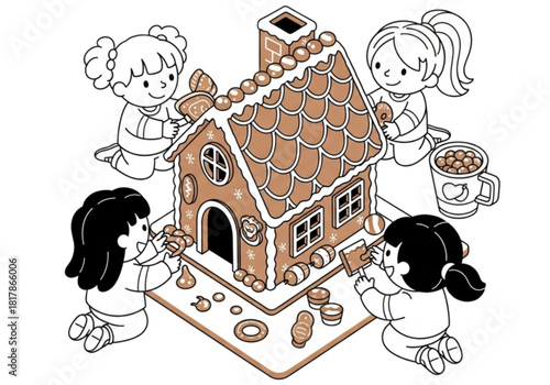 Four adorable little girls happily decorating a festive gingerbread house.