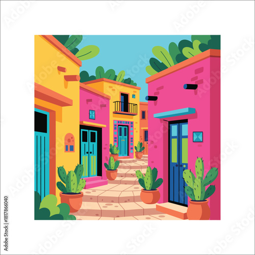 Colorful Mexican street with vibrant buildings and potted cacti Keywords: Mexican street
