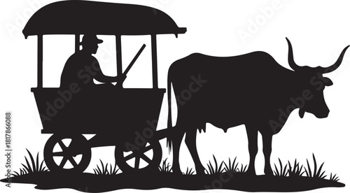 Black silhouette of a cow pulling a cart with a driver