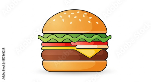 Modern flat-vector hamburger with layered ingredients—bun, lettuce, tomato, cheese, patty—smooth gradients and clean lines, isolated on white background