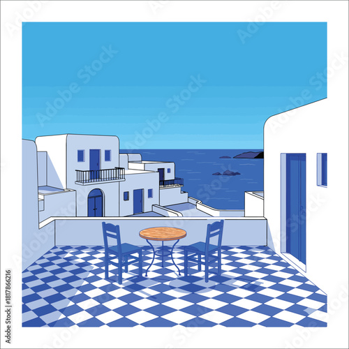 Blue and white Greek island terrace with sea view Greece balcony